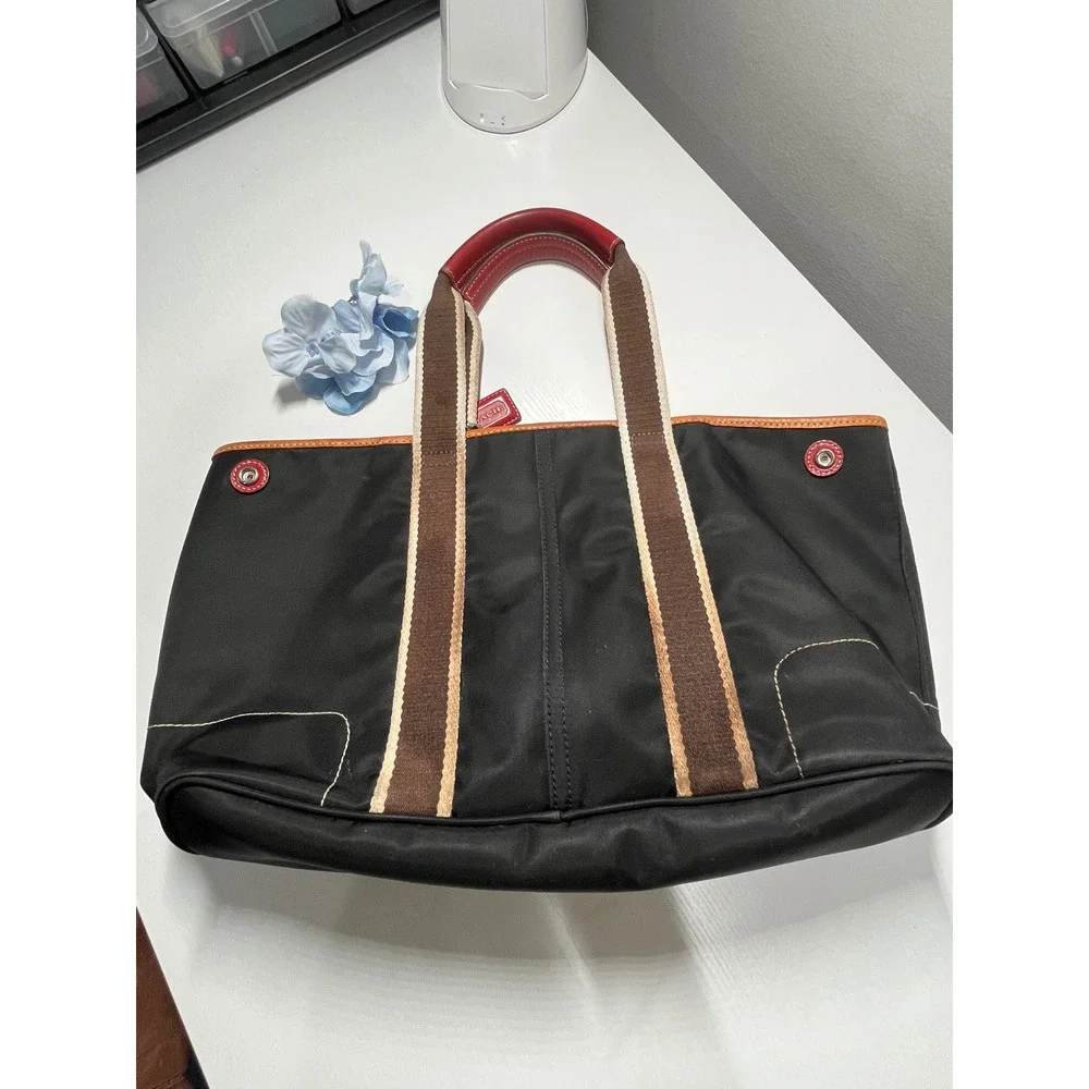 Y2K Coach Hamptons Weekend Tote Bag Black Nylon Red Leather Trim 5078